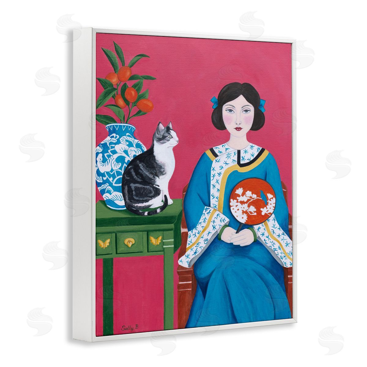 Woman And Cat Painting White Frame Print Wall Art, Home Decor by Sally B