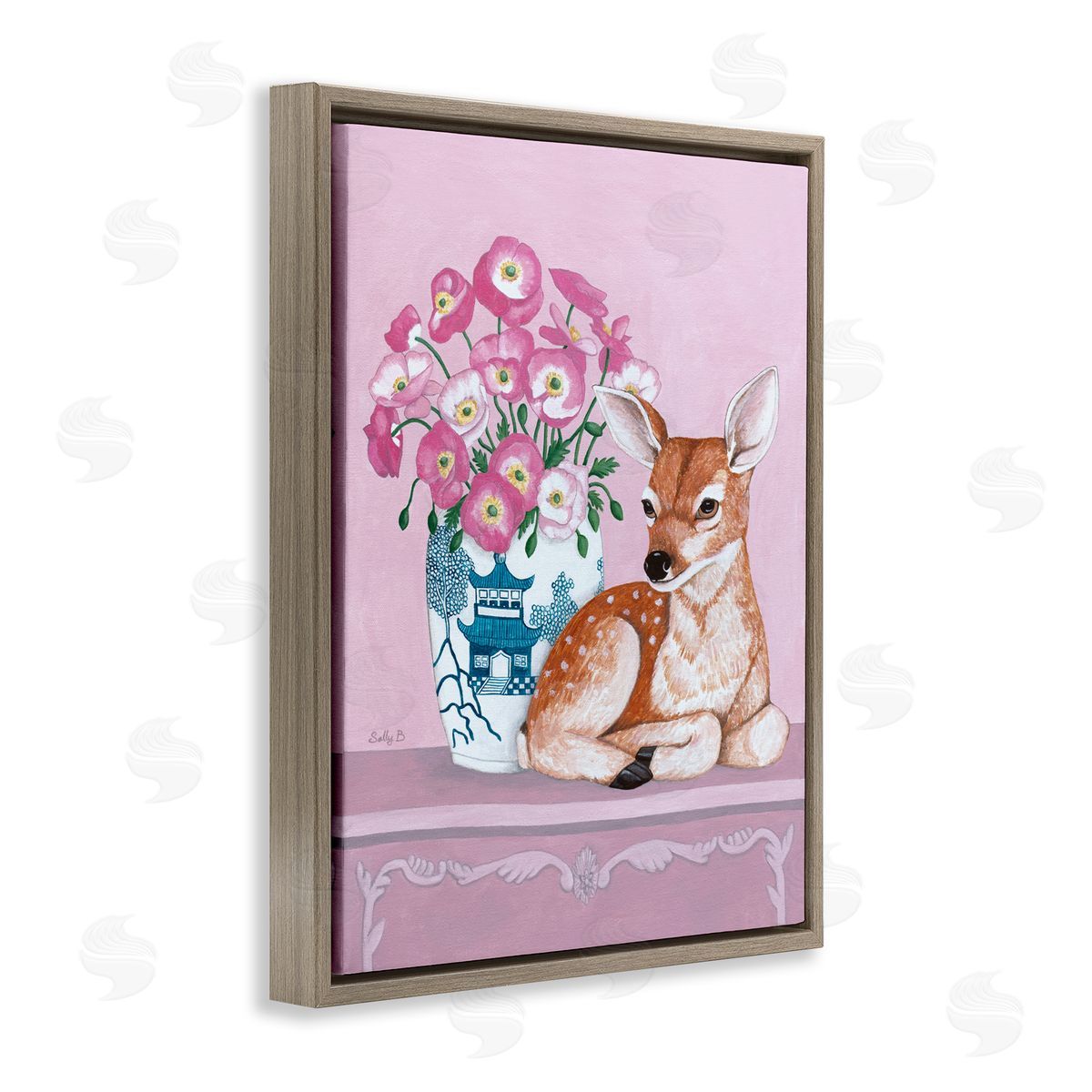 Flower Vase And Deer Brown Floating Frame Canvas Wall Art, Home Decor by Sally B