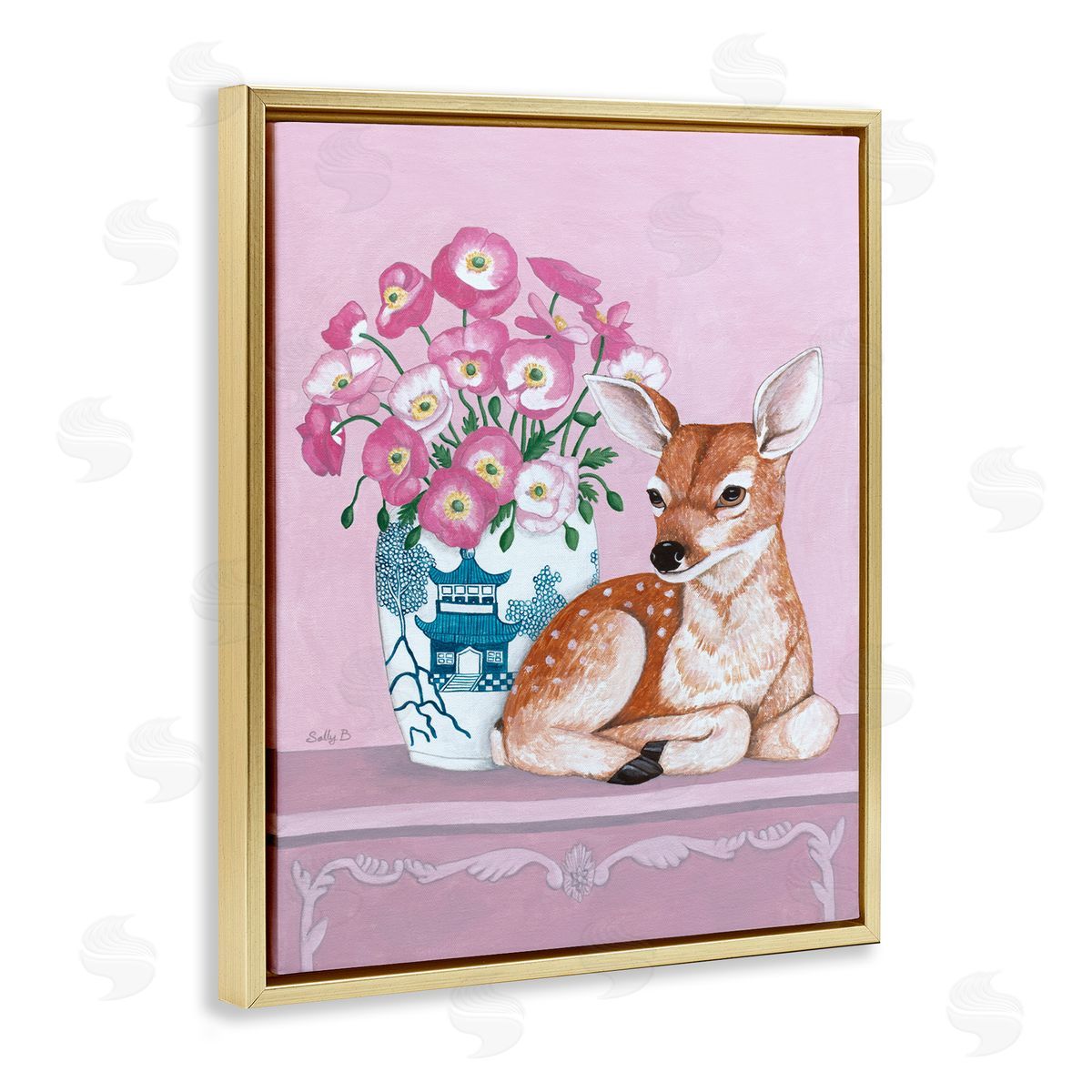 Flower Vase And Deer Gold Floating Frame Canvas Wall Art, Home Decor by Sally B