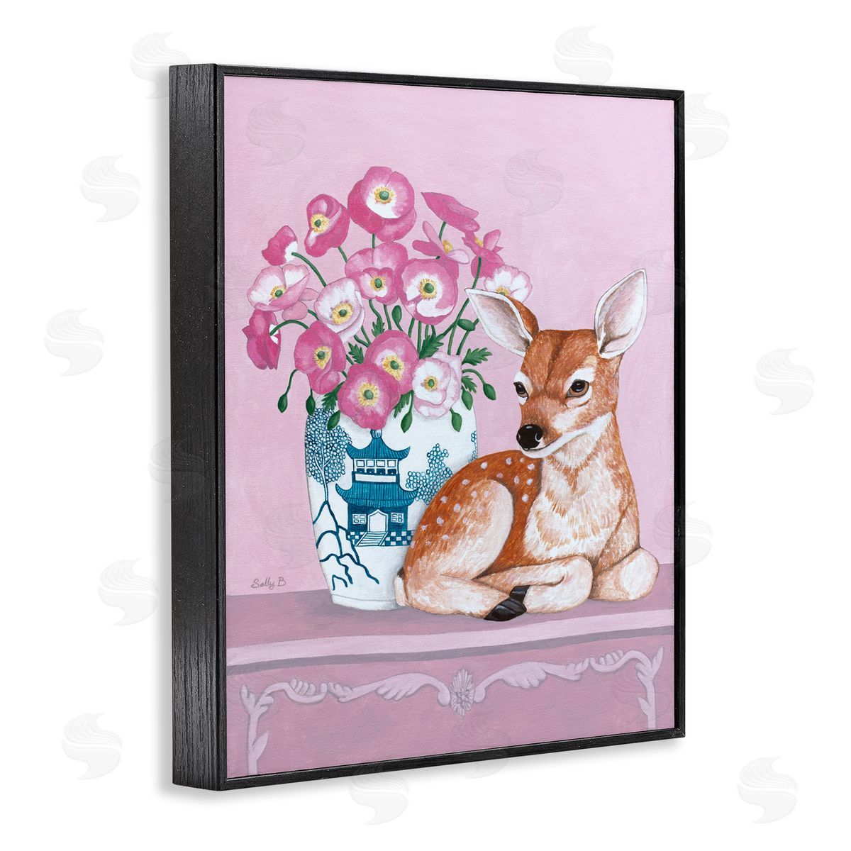 Flower Vase And Deer Black Frame Print Wall Art, Home Decor by Sally B