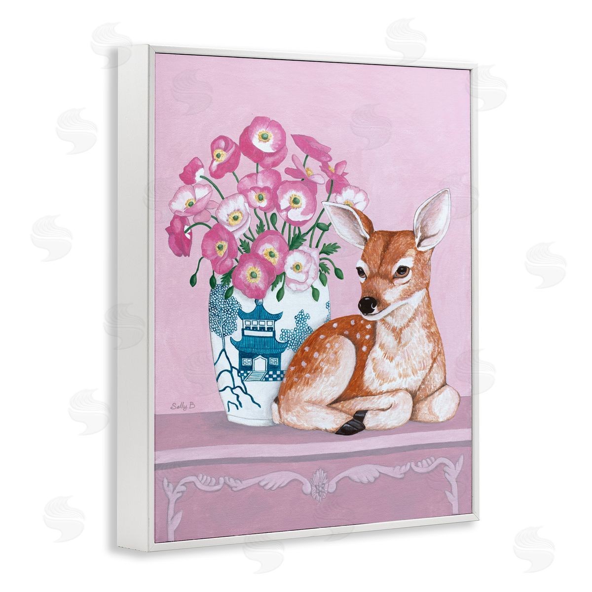 Flower Vase And Deer White Frame Print Wall Art, Home Decor by Sally B
