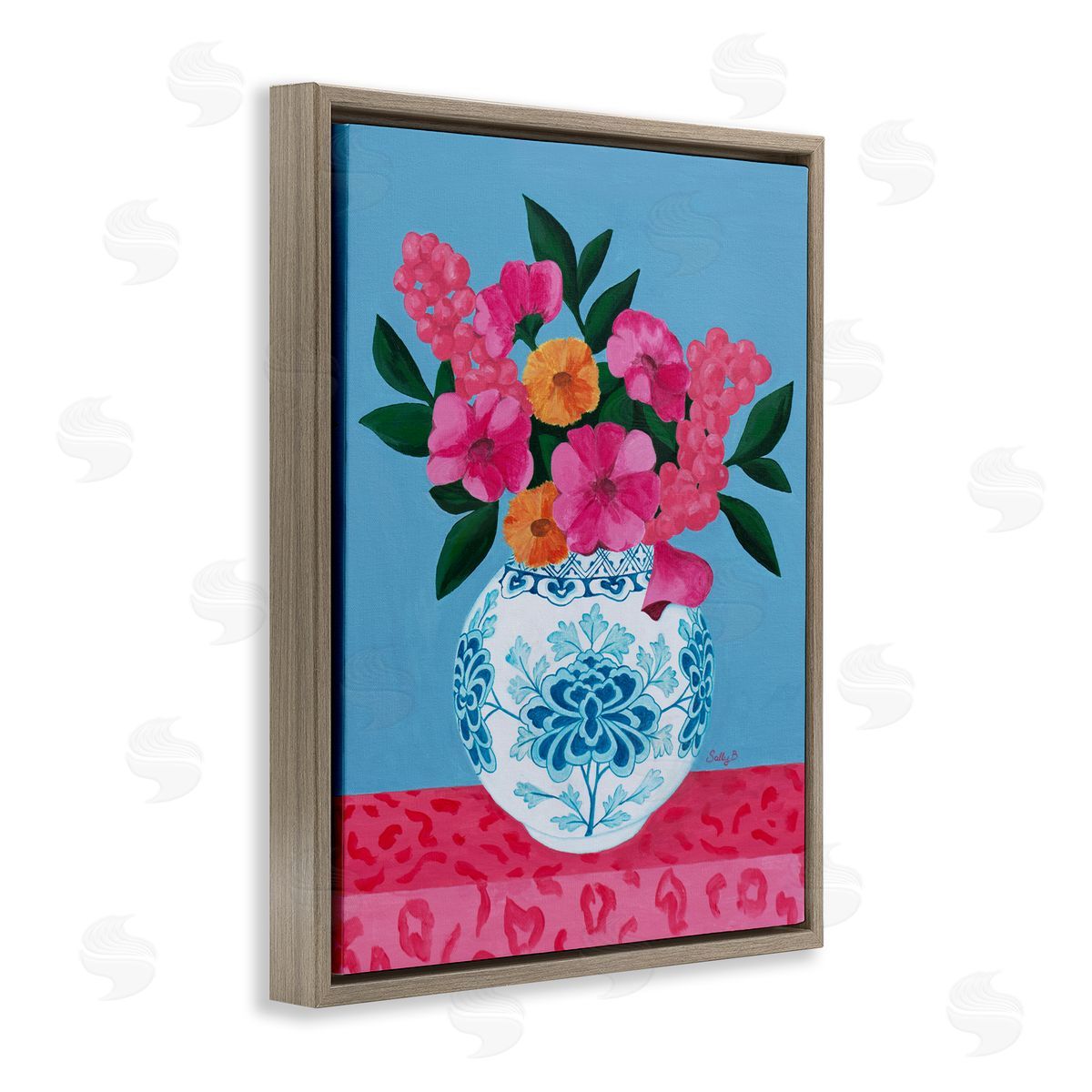 Flower Vase Pink Blue Painting Brown Floating Frame Canvas Wall Art, Home Decor by Sally B