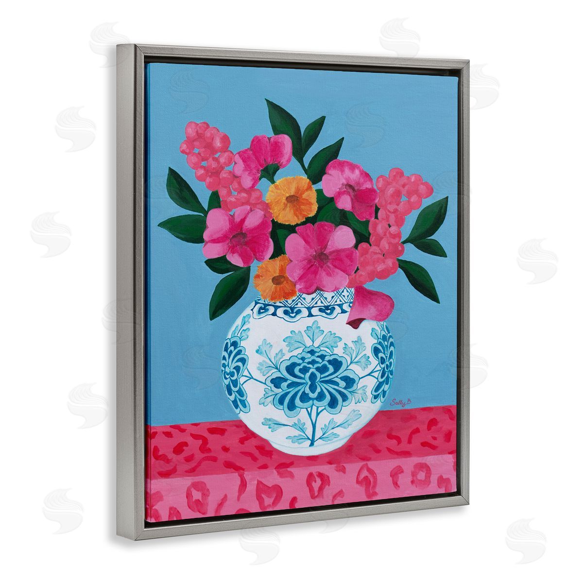 Flower Vase Pink Blue Painting Grey Floating Frame Canvas Wall Art, Home Decor by Sally B
