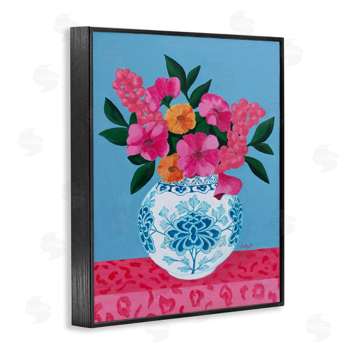 Flower Vase Pink Blue Painting Black Frame Print Wall Art, Home Decor by Sally B