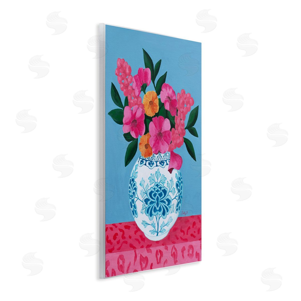 Flower Vase Pink Blue Painting Wood Plaque Wall Art, Home Decor by Sally B