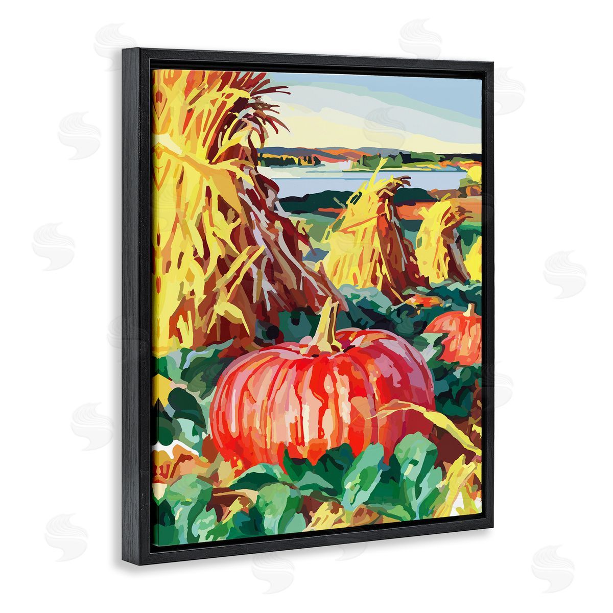 Pumpkin Patch Autumn Landscape Black Floating Frame Canvas Wall Art, Home Decor by The Saturday Evening Post
