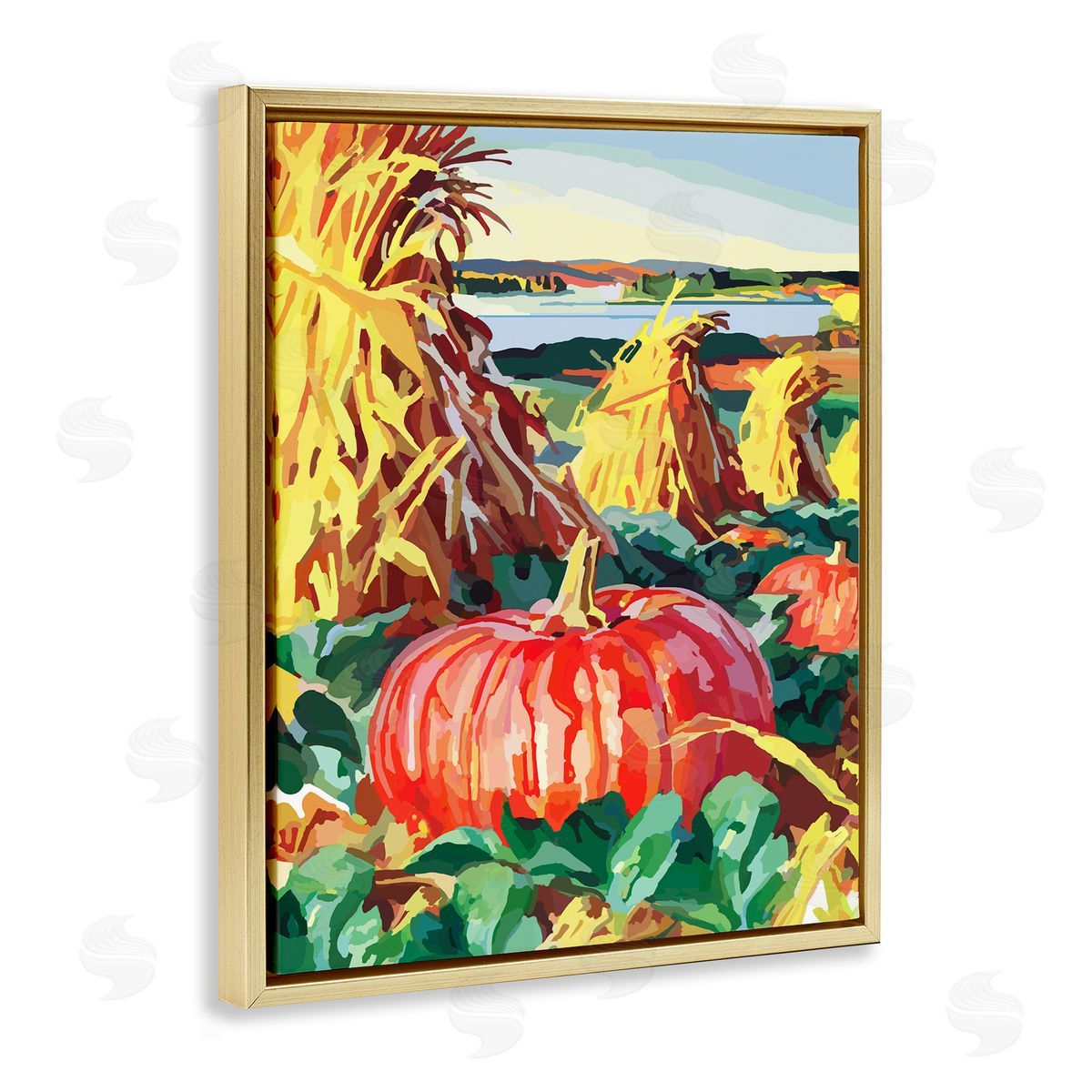 Pumpkin Patch Autumn Landscape Gold Floating Frame Canvas Wall Art, Home Decor by The Saturday Evening Post