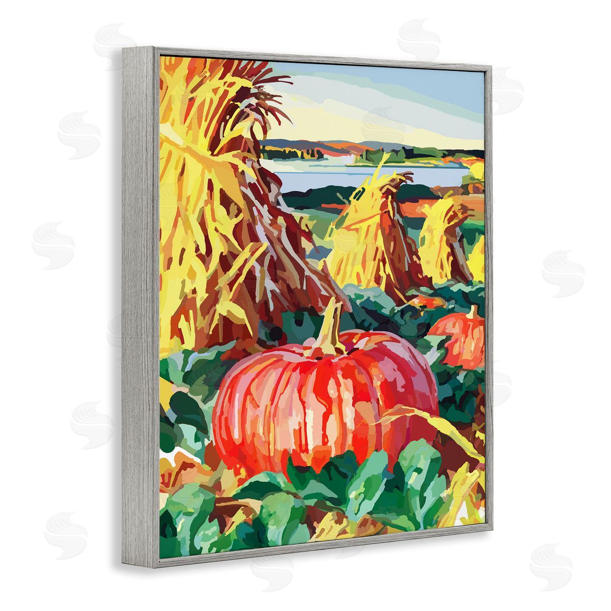 Pumpkin Patch Autumn Landscape Grey Frame Print Wall Art, Home Decor by The Saturday Evening Post