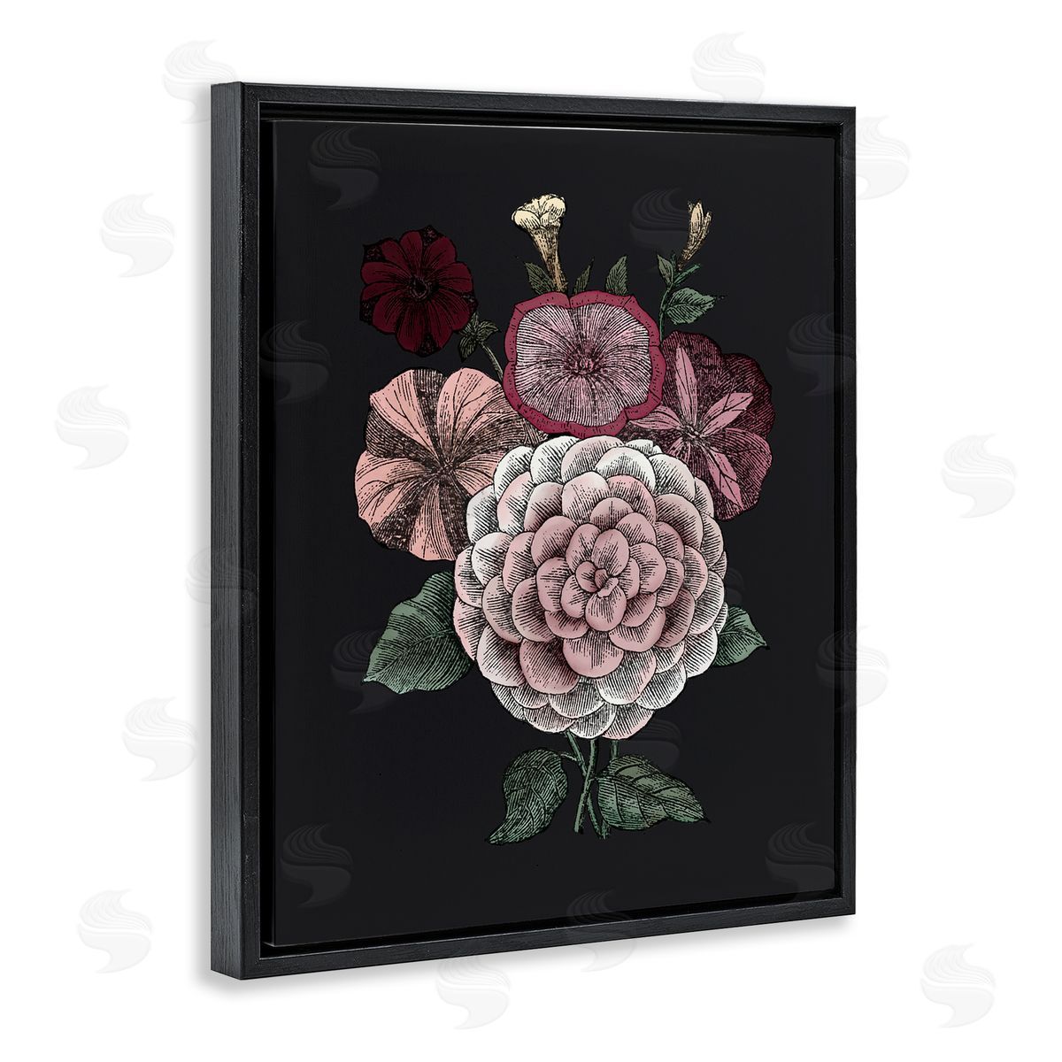 Pink Flowers On Black Black Floating Frame Canvas Wall Art, Home Decor by The Saturday Evening Post