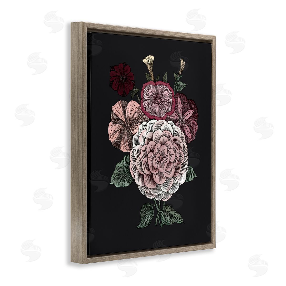Pink Flowers On Black Brown Floating Frame Canvas Wall Art, Home Decor by The Saturday Evening Post