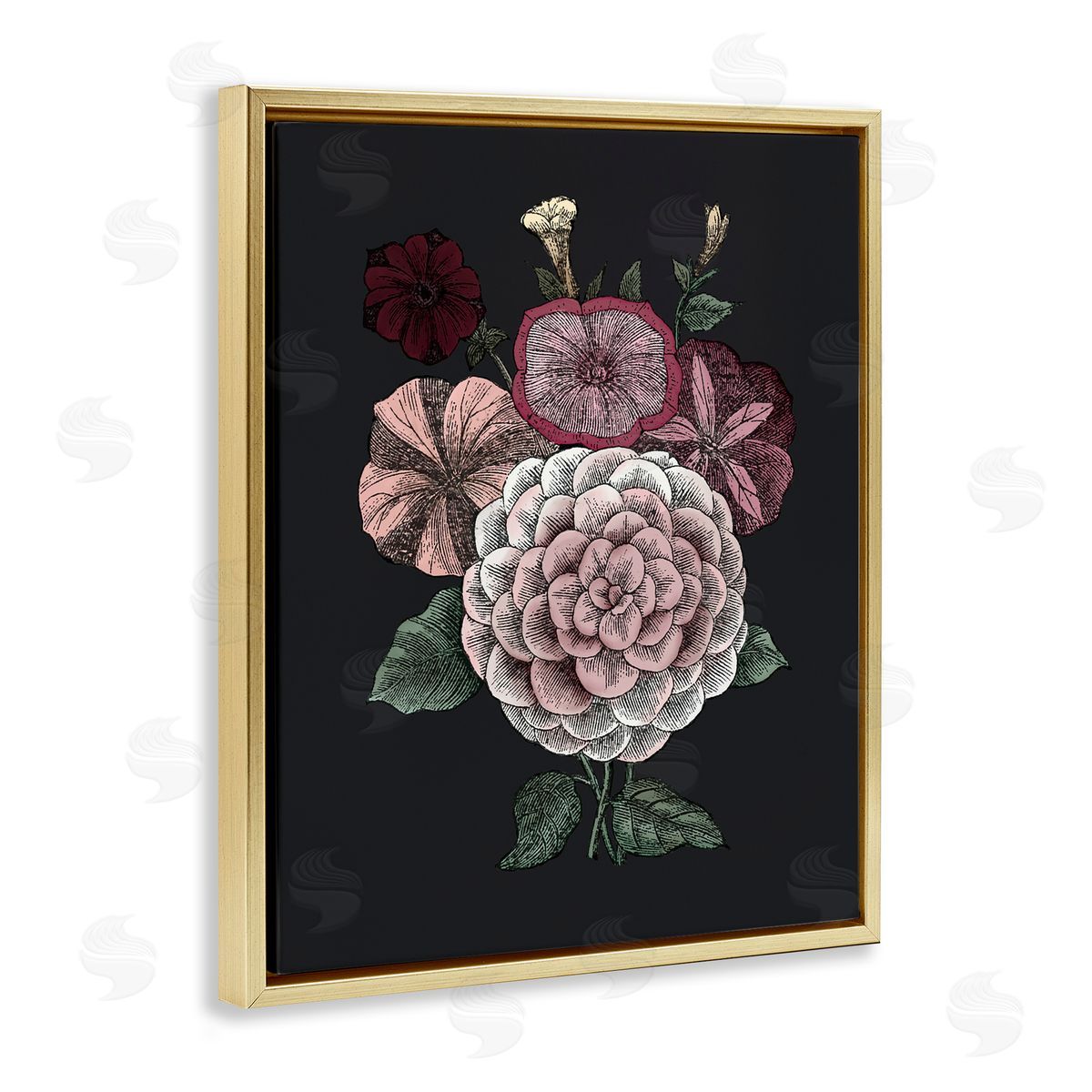 Pink Flowers On Black Gold Floating Frame Canvas Wall Art, Home Decor by The Saturday Evening Post
