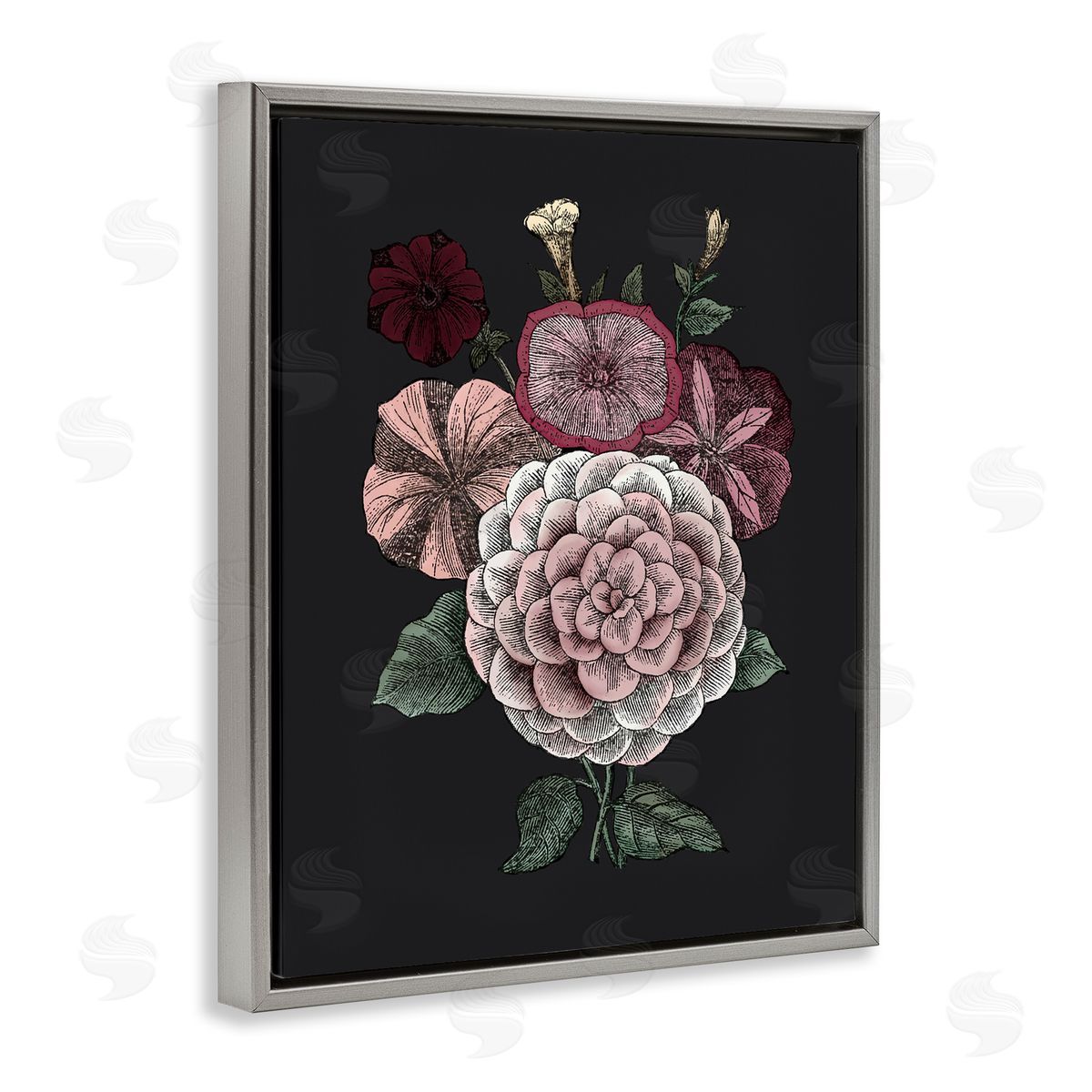 Pink Flowers On Black Grey Floating Frame Canvas Wall Art, Home Decor by The Saturday Evening Post