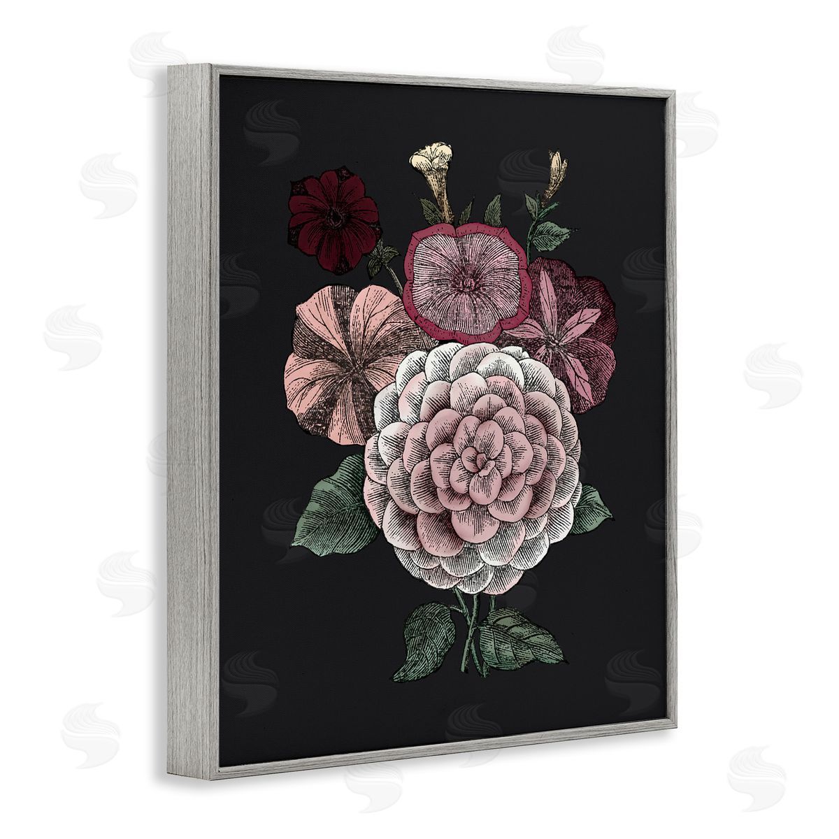 Pink Flowers On Black Grey Frame Print Wall Art, Home Decor by The Saturday Evening Post