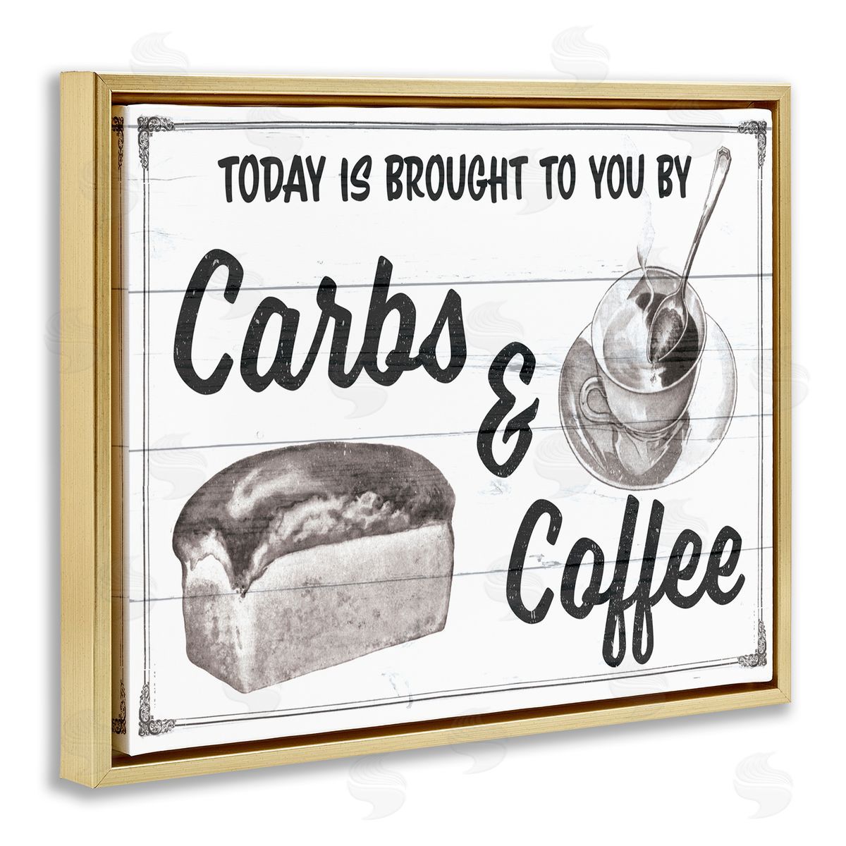 Carbs & Coffee Kitchen Humor Rustic Gold Floating Frame Canvas Wall Art, Home Decor by The Saturday Evening Post