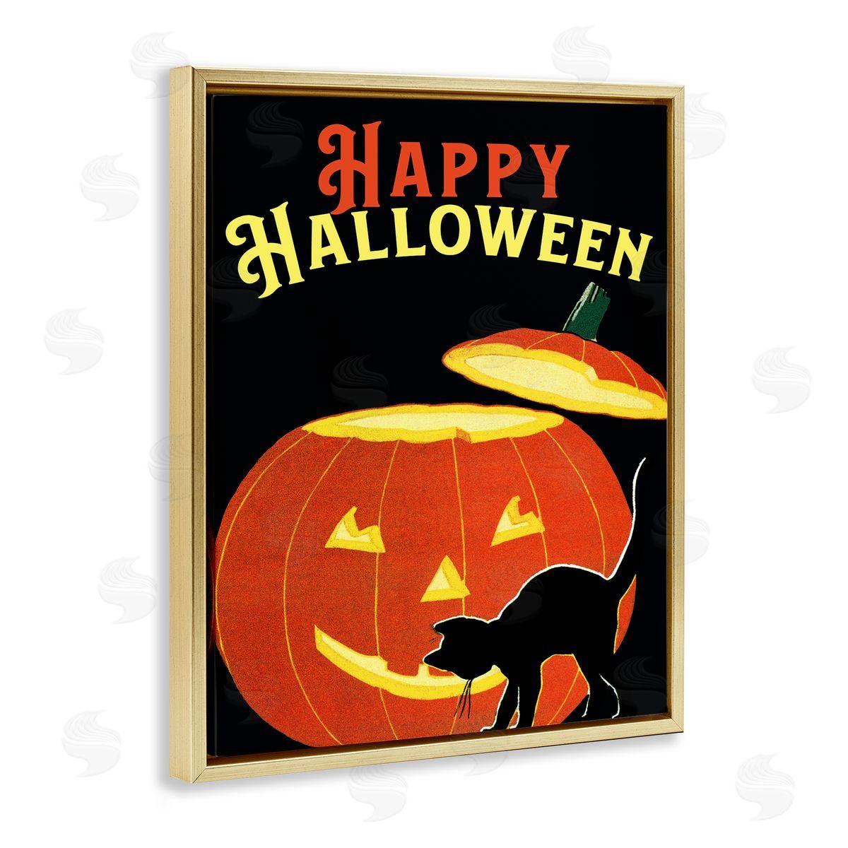 Happy Halloween Pumpkin Cat Gold Floating Frame Canvas Wall Art, Home Decor by The Saturday Evening Post