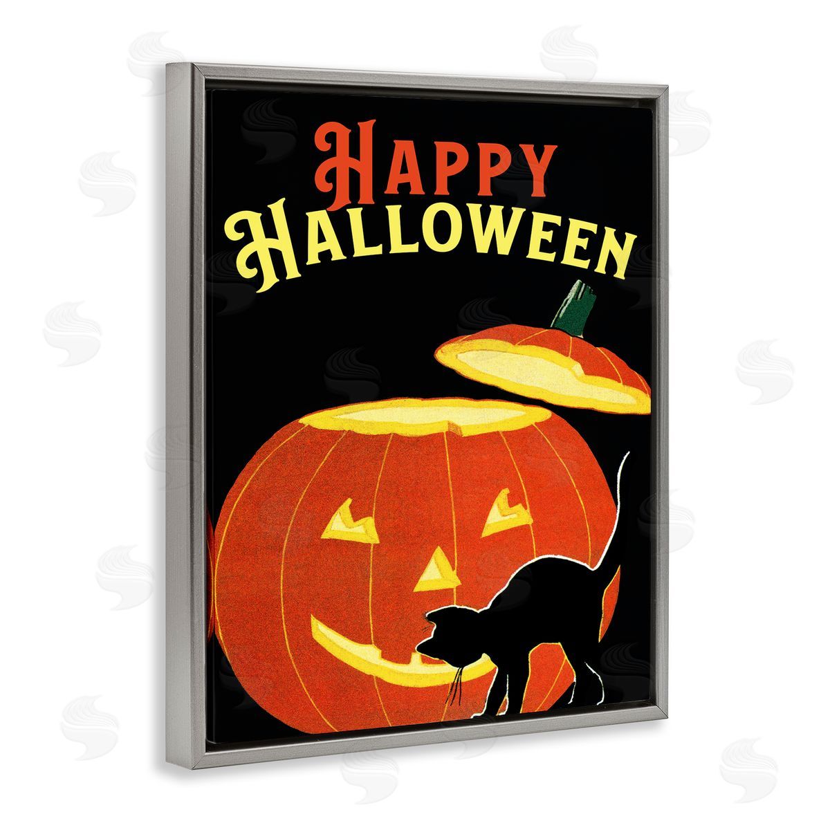 Happy Halloween Pumpkin Cat Grey Floating Frame Canvas Wall Art, Home Decor by The Saturday Evening Post