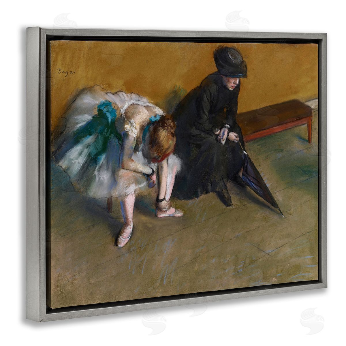 Waiting Classical Ballet Painting Grey Floating Frame Canvas Wall Art, Home Decor by Edgar Degas