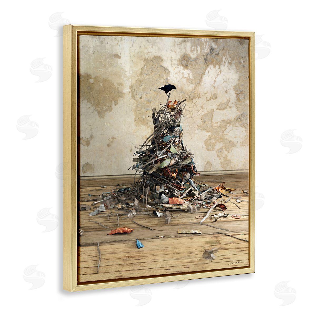 Crow Collection Bird Gold Floating Frame Canvas Wall Art, Home Decor by Cynthia Decker