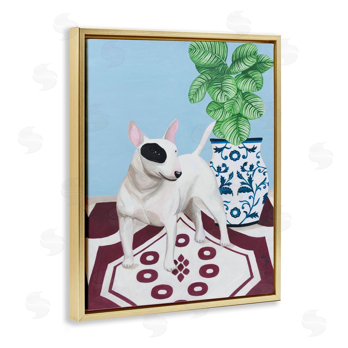 Dog And Vase Animal Pet Painting Gold Floating Frame Canvas Wall Art, Home Decor by Sally B