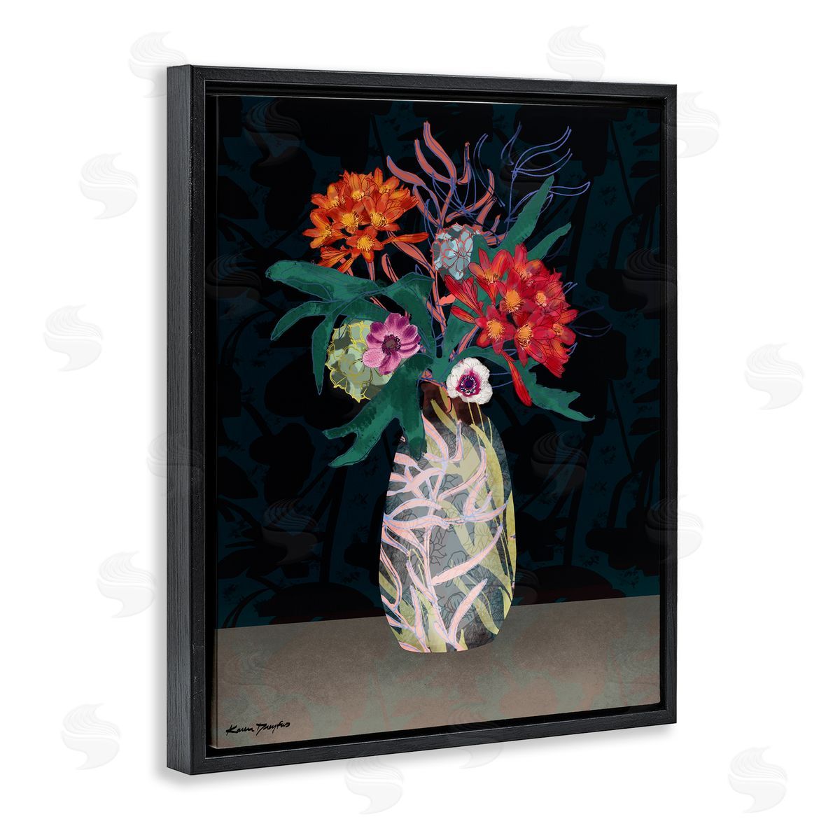 Flower Vase Pattern Black Floating Frame Canvas Wall Art, Home Decor by Karen Dreyfus