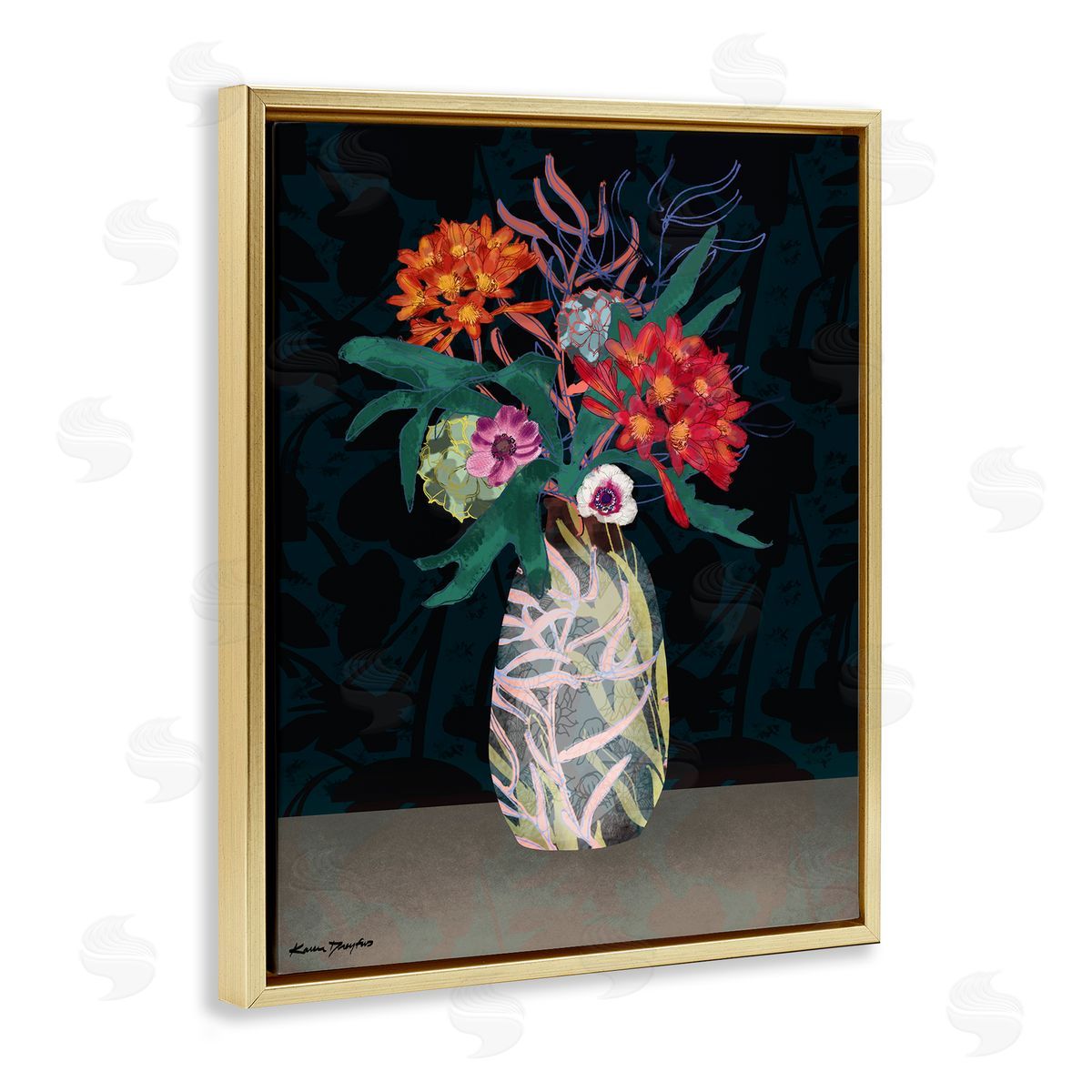 Flower Vase Pattern Gold Floating Frame Canvas Wall Art, Home Decor by Karen Dreyfus