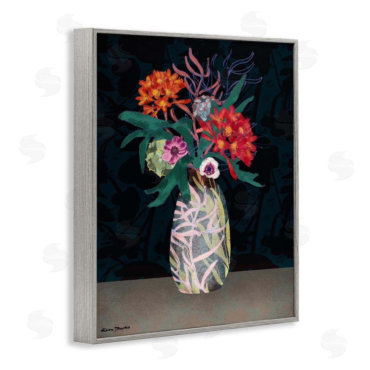 Flower Vase Pattern Grey Frame Print Wall Art, Home Decor by Karen Dreyfus