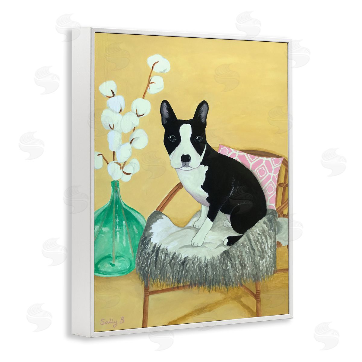 Dog On Chair Yellow Green White Frame Print Wall Art, Home Decor by Sally B