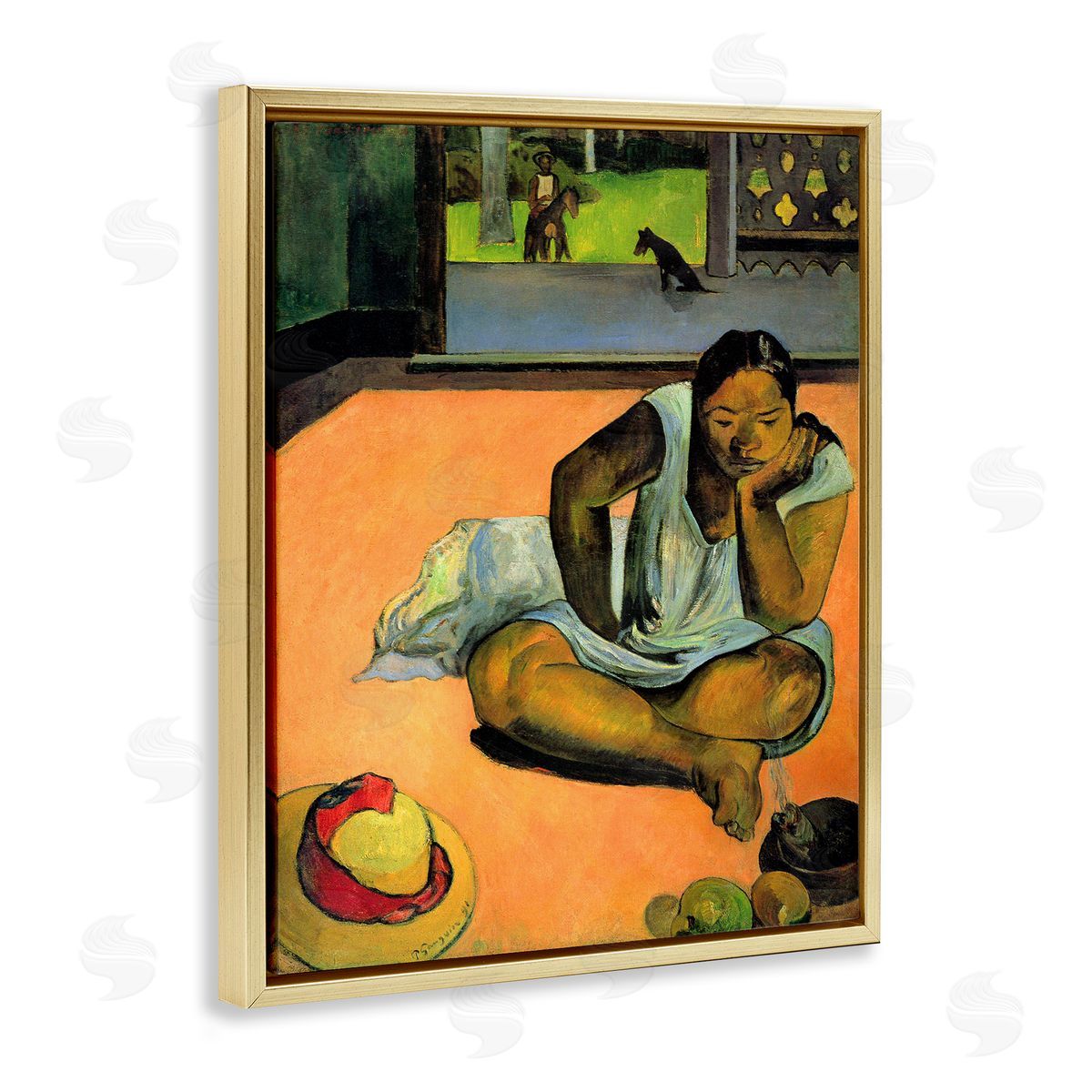 La Boudeuse Te Faaturuma Gold Floating Frame Canvas Wall Art, Home Decor by Paul Gauguin