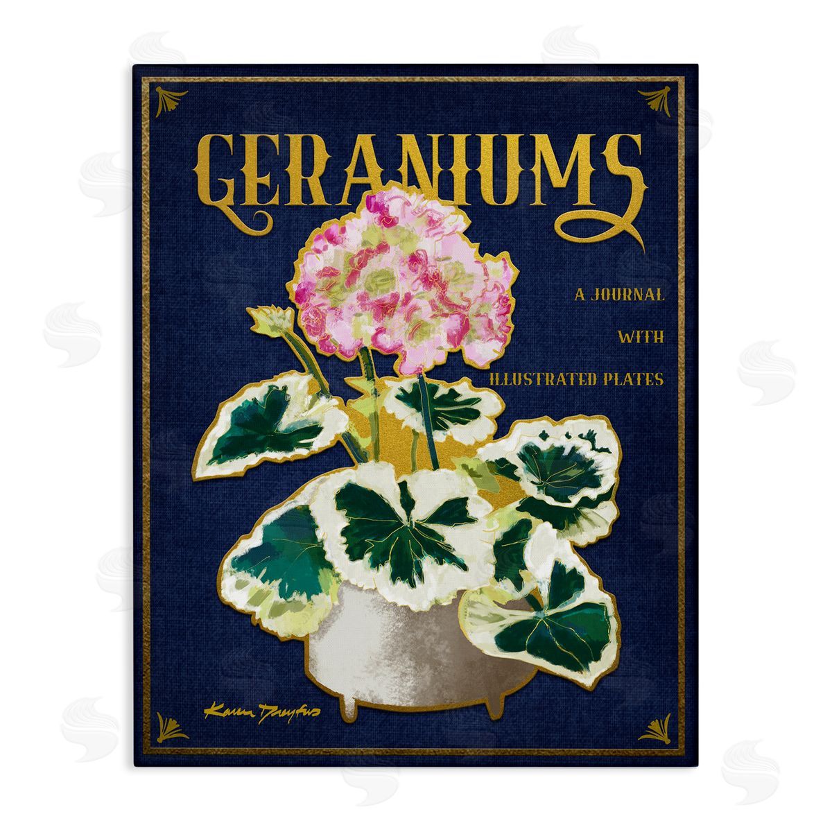 Geraniums Blue Gold Flower Canvas Wall Art, Home Decor by Karen Dreyfus