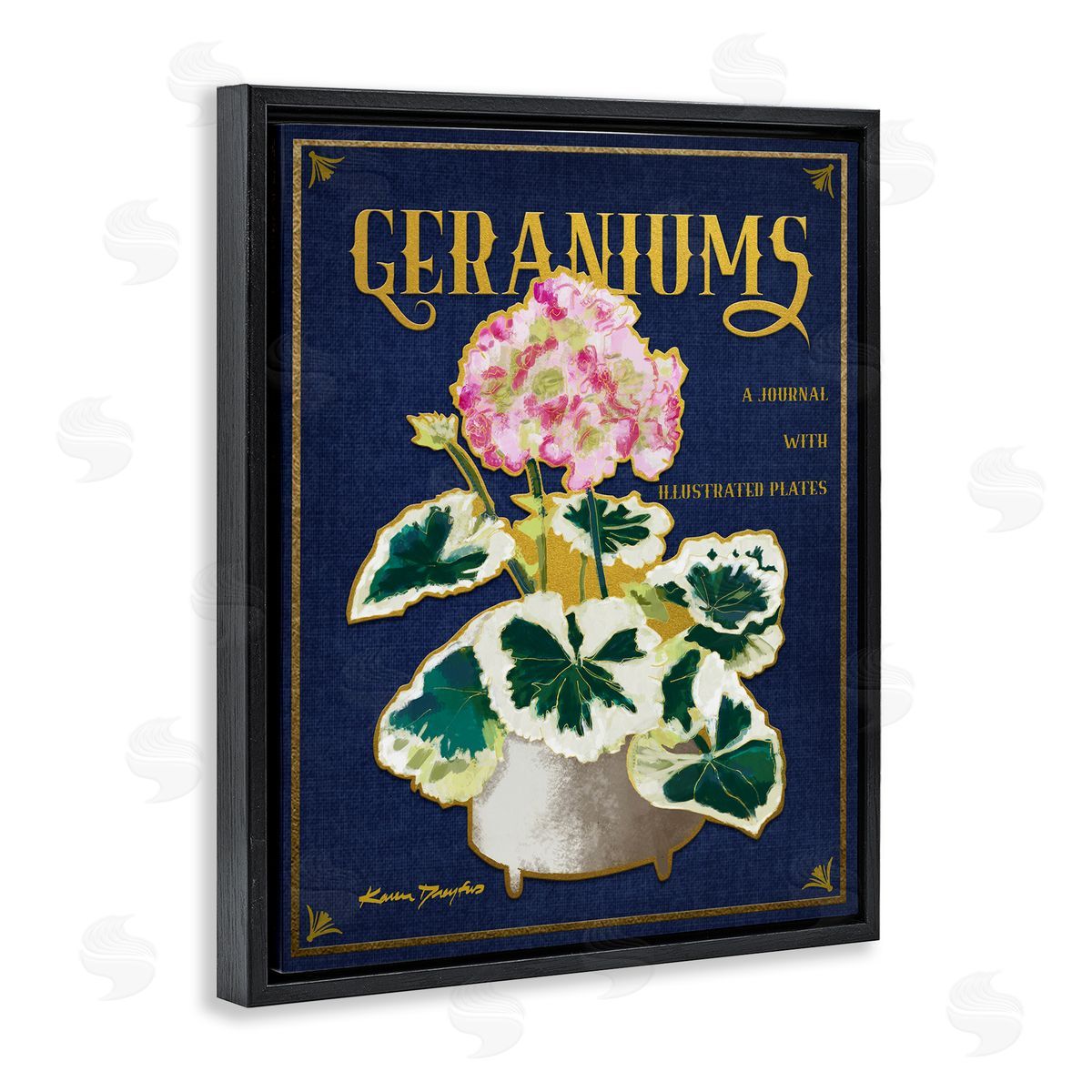 Geraniums Blue Gold Flower Black Floating Frame Canvas Wall Art, Home Decor by Karen Dreyfus