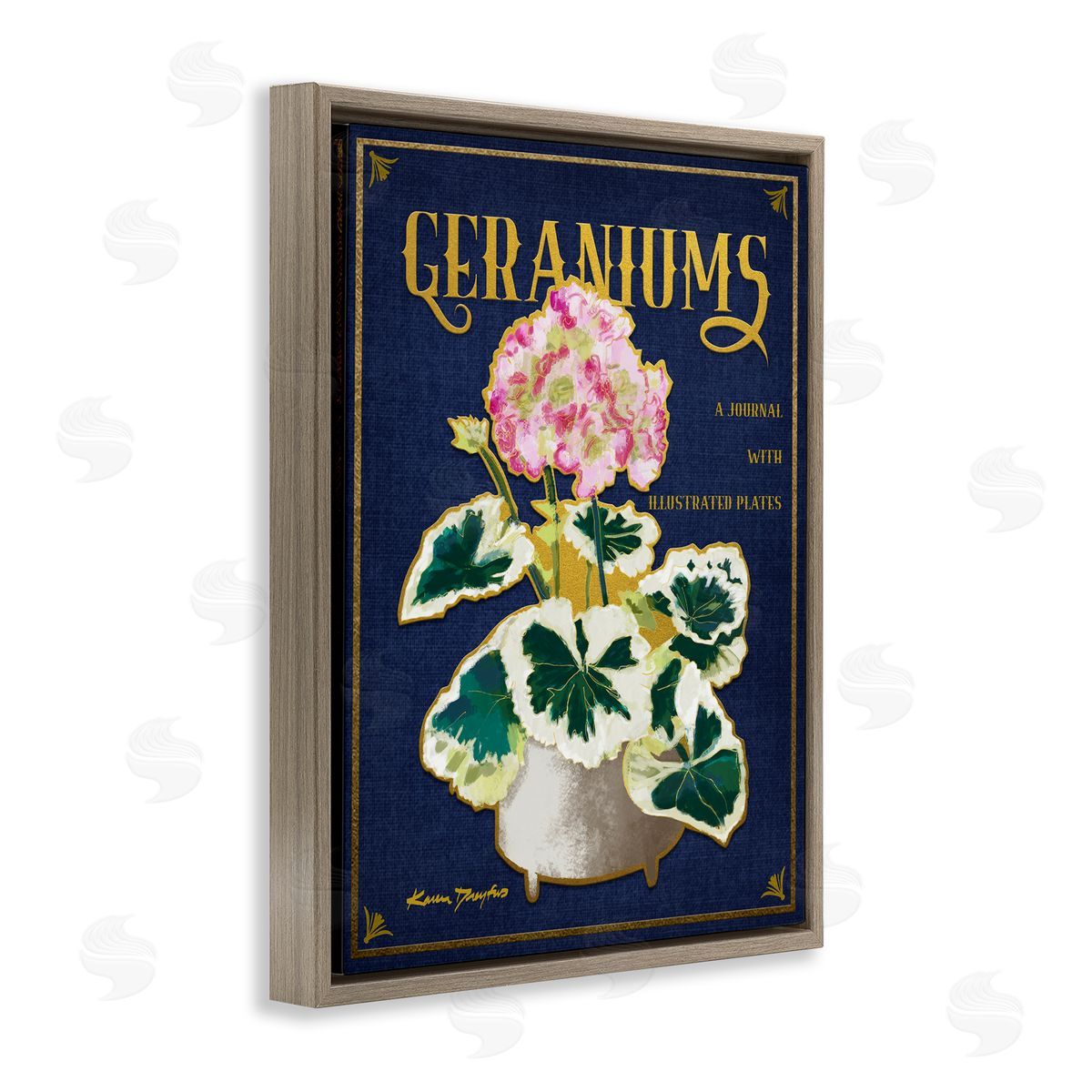 Geraniums Blue Gold Flower Brown Floating Frame Canvas Wall Art, Home Decor by Karen Dreyfus