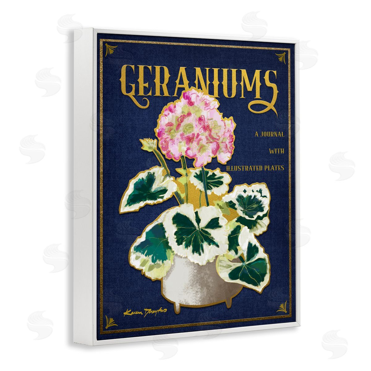 Geraniums Blue Gold Flower White Frame Print Wall Art, Home Decor by Karen Dreyfus