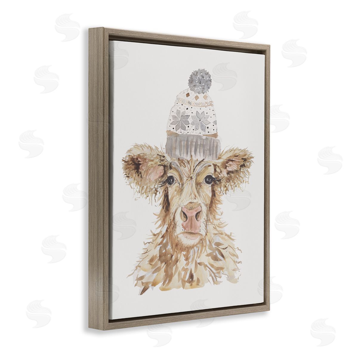 Cow With Beanie Hat Brown Floating Frame Canvas Wall Art, Home Decor by Hollihocks Art