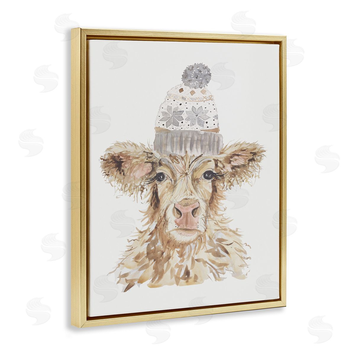 Cow With Beanie Hat Gold Floating Frame Canvas Wall Art, Home Decor by Hollihocks Art