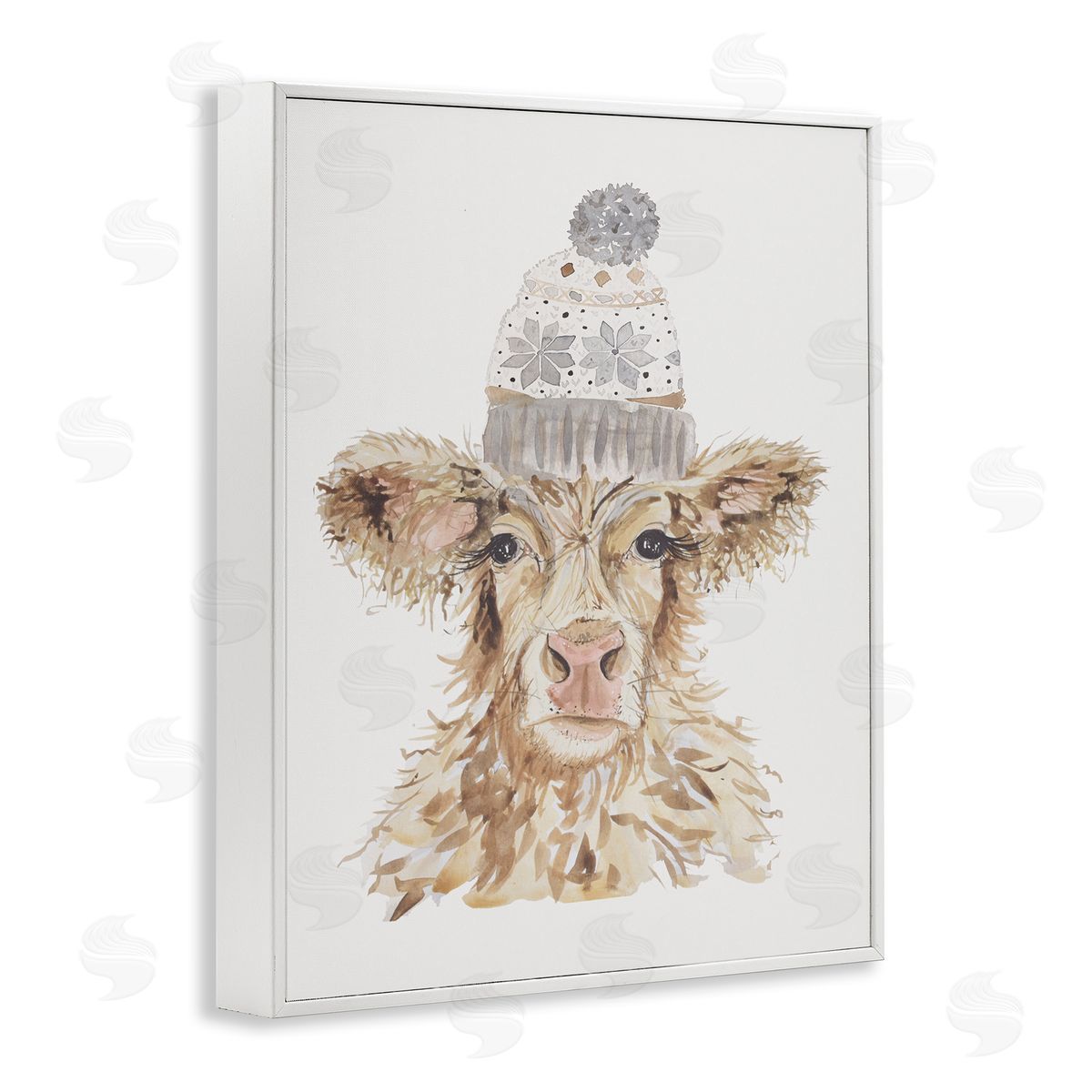 Cow With Beanie Hat White Frame Print Wall Art, Home Decor by Hollihocks Art