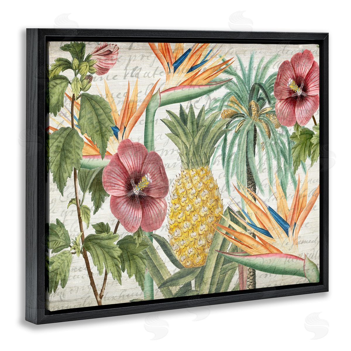 Tropical Flower Pineapple Arrangement Black Floating Frame Canvas Wall Art, Home Decor by Kim Allen