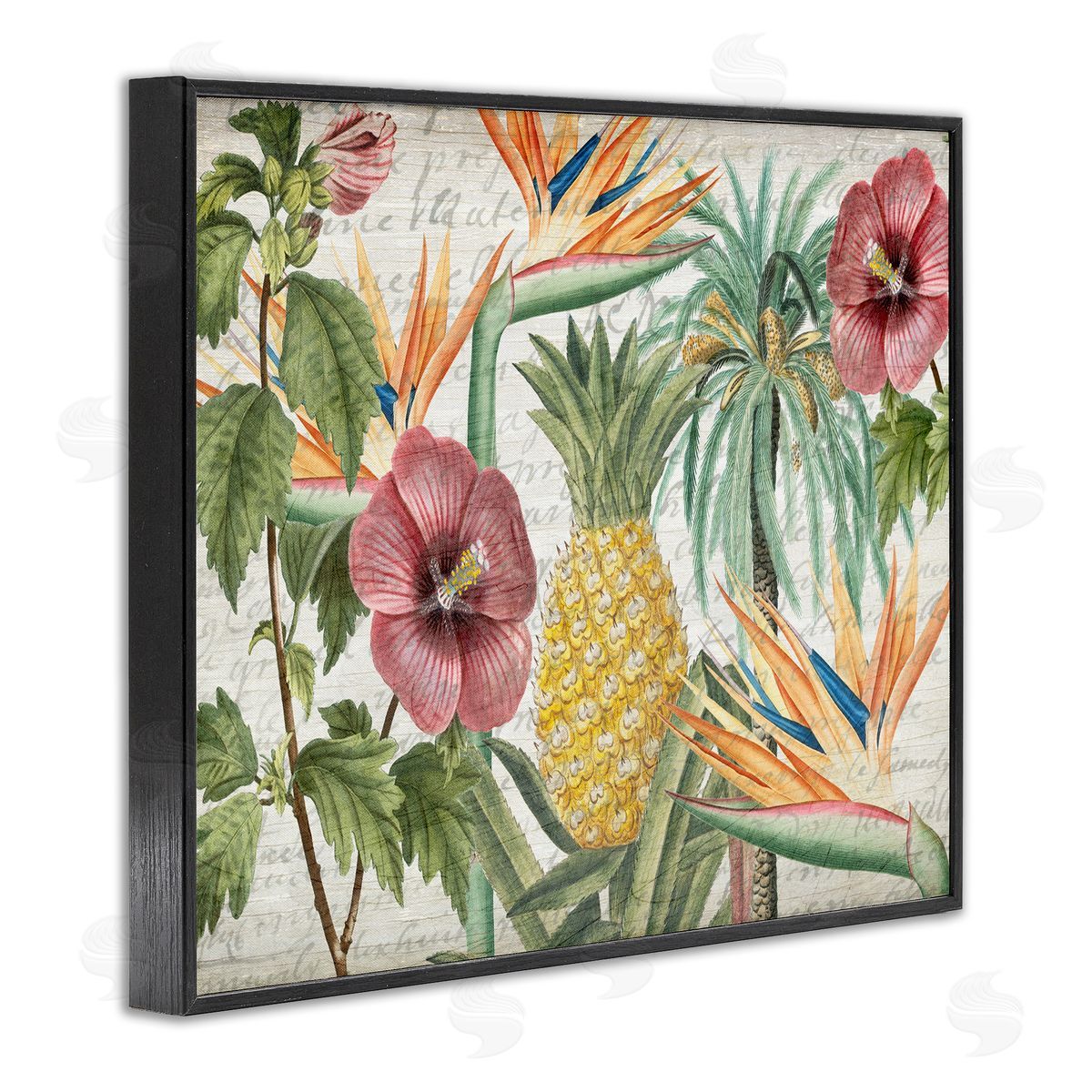 Tropical Flower Pineapple Arrangement Black Frame Print Wall Art, Home Decor by Kim Allen