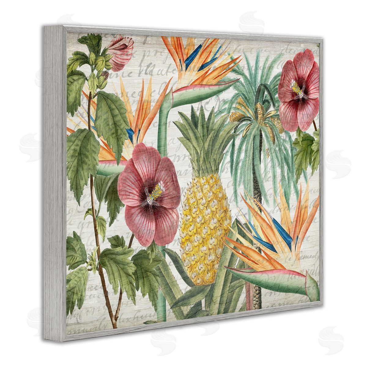 Tropical Flower Pineapple Arrangement Grey Frame Print Wall Art, Home Decor by Kim Allen