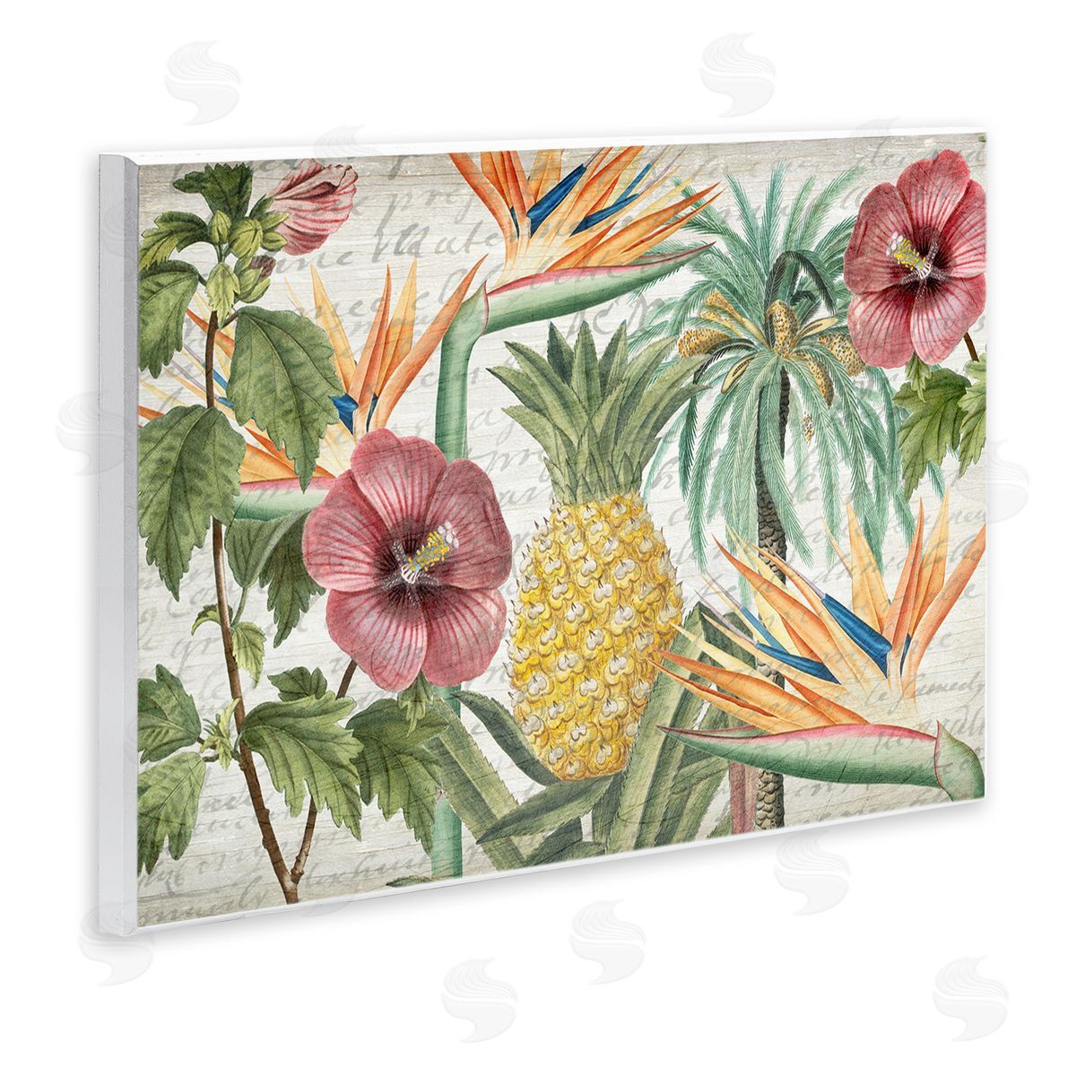 Tropical Flower Pineapple Arrangement Wood Plaque Wall Art, Home Decor by Kim Allen