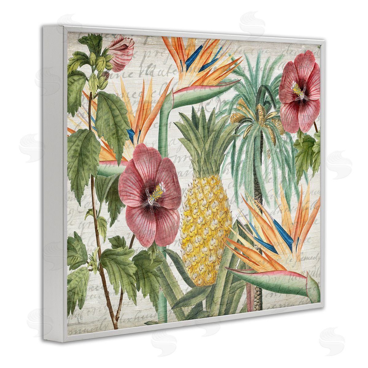 Tropical Flower Pineapple Arrangement White Frame Print Wall Art, Home Decor by Kim Allen