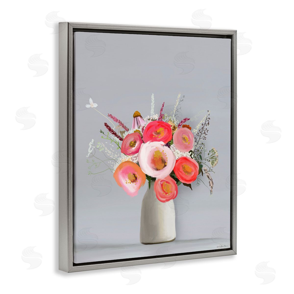 Flower Vase Pink Grey Painting Grey Floating Frame Canvas Wall Art, Home Decor by Leah Straatsma