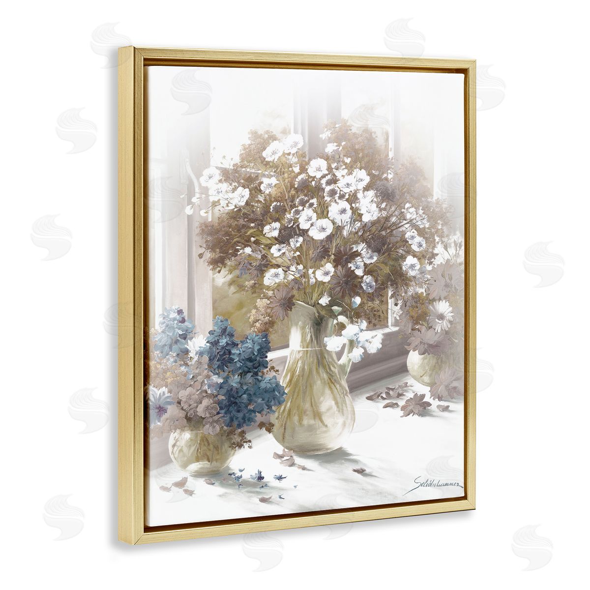Flower Vase Vintage Sepia Painting Gold Floating Frame Canvas Wall Art, Home Decor by Heinz Scholnhammer