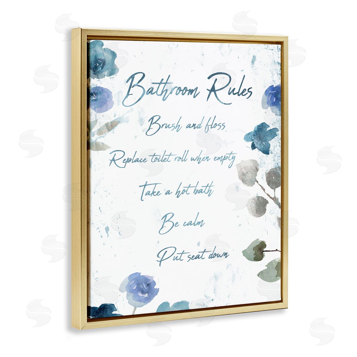 Bathroom Rules Flower Gold Floating Frame Canvas Wall Art, Home Decor by Milli Villa