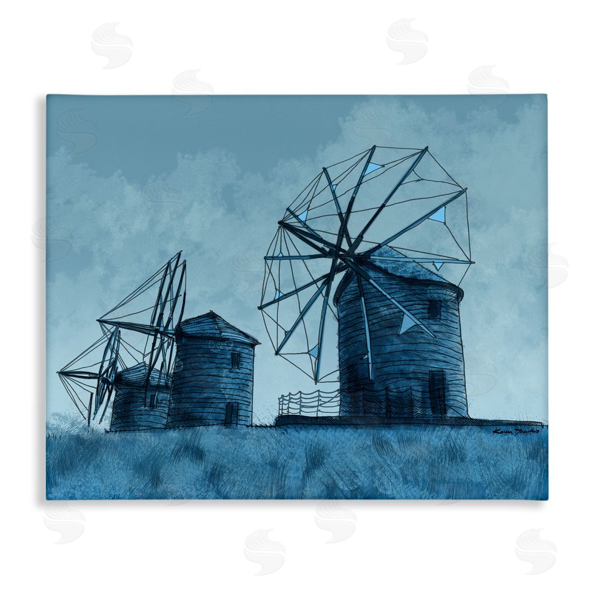 Windmill Farm Blue Landscape Canvas Wall Art, Home Decor by Karen Dreyfus