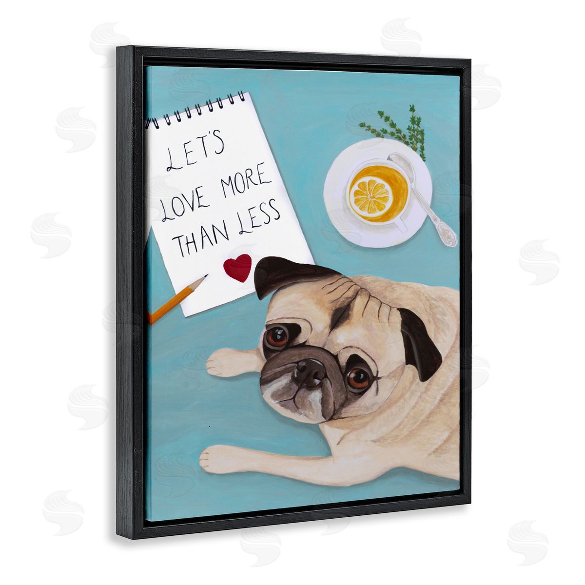 Love More Pug With Tea Black Floating Frame Canvas Wall Art, Home Decor by Sally B