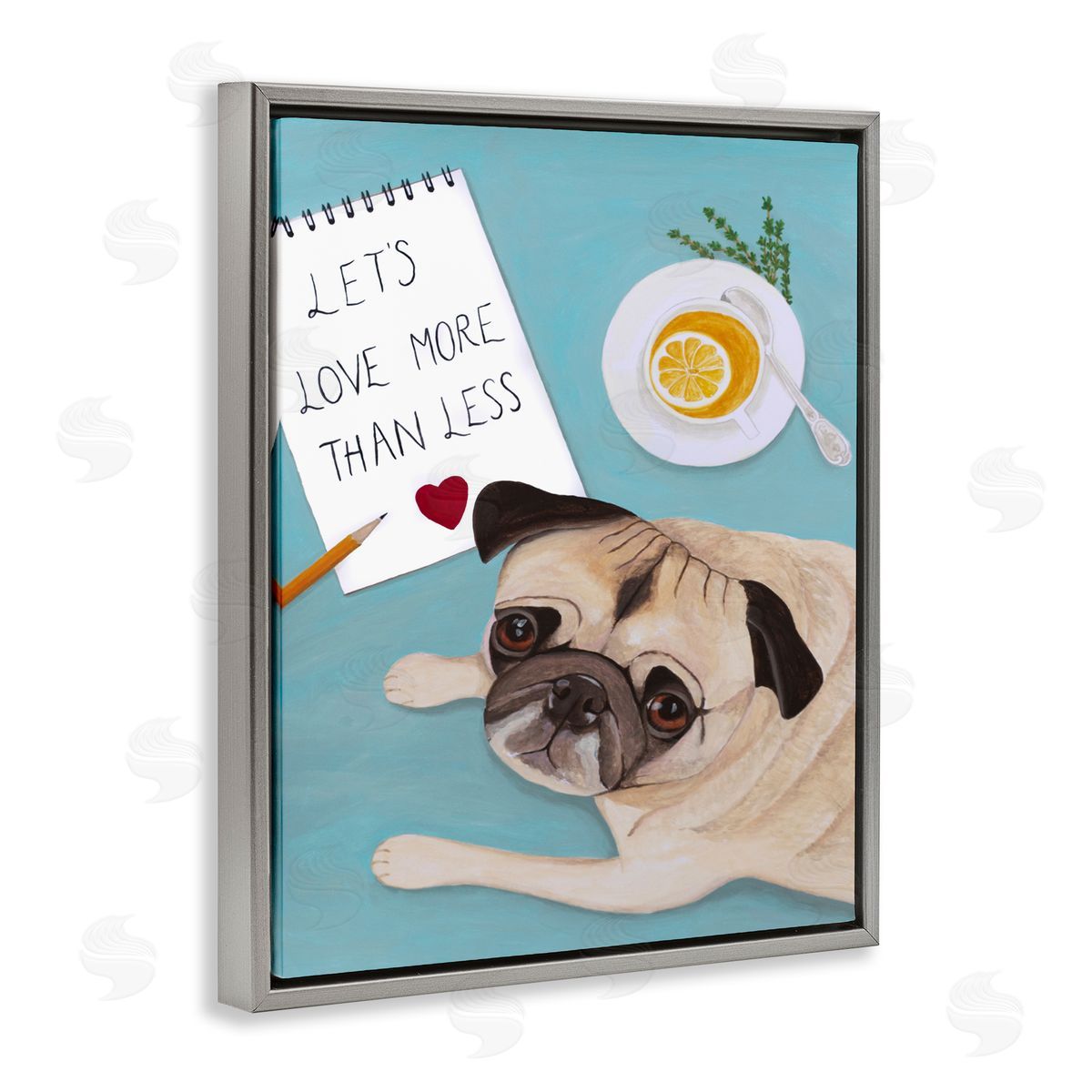 Love More Pug With Tea Grey Floating Frame Canvas Wall Art, Home Decor by Sally B