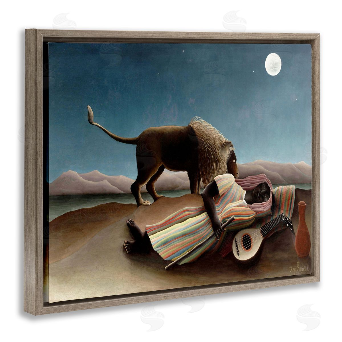 The Sleeping Gypsy Painting Brown Floating Frame Canvas Wall Art, Home Decor by Henri Rousseau
