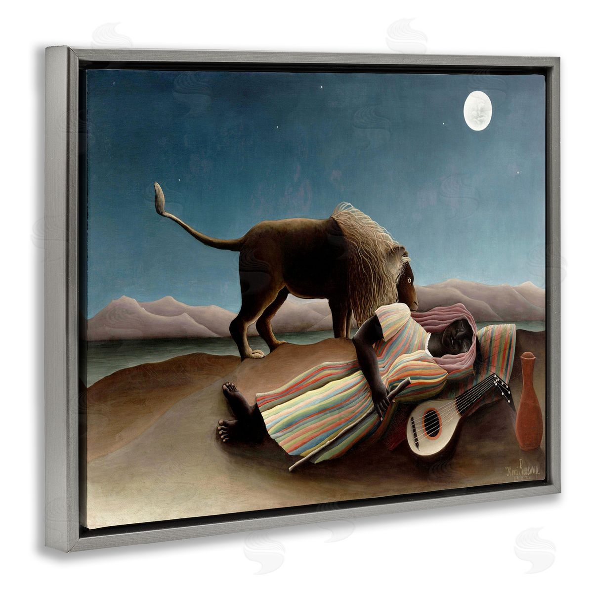 The Sleeping Gypsy Painting Grey Floating Frame Canvas Wall Art, Home Decor by Henri Rousseau