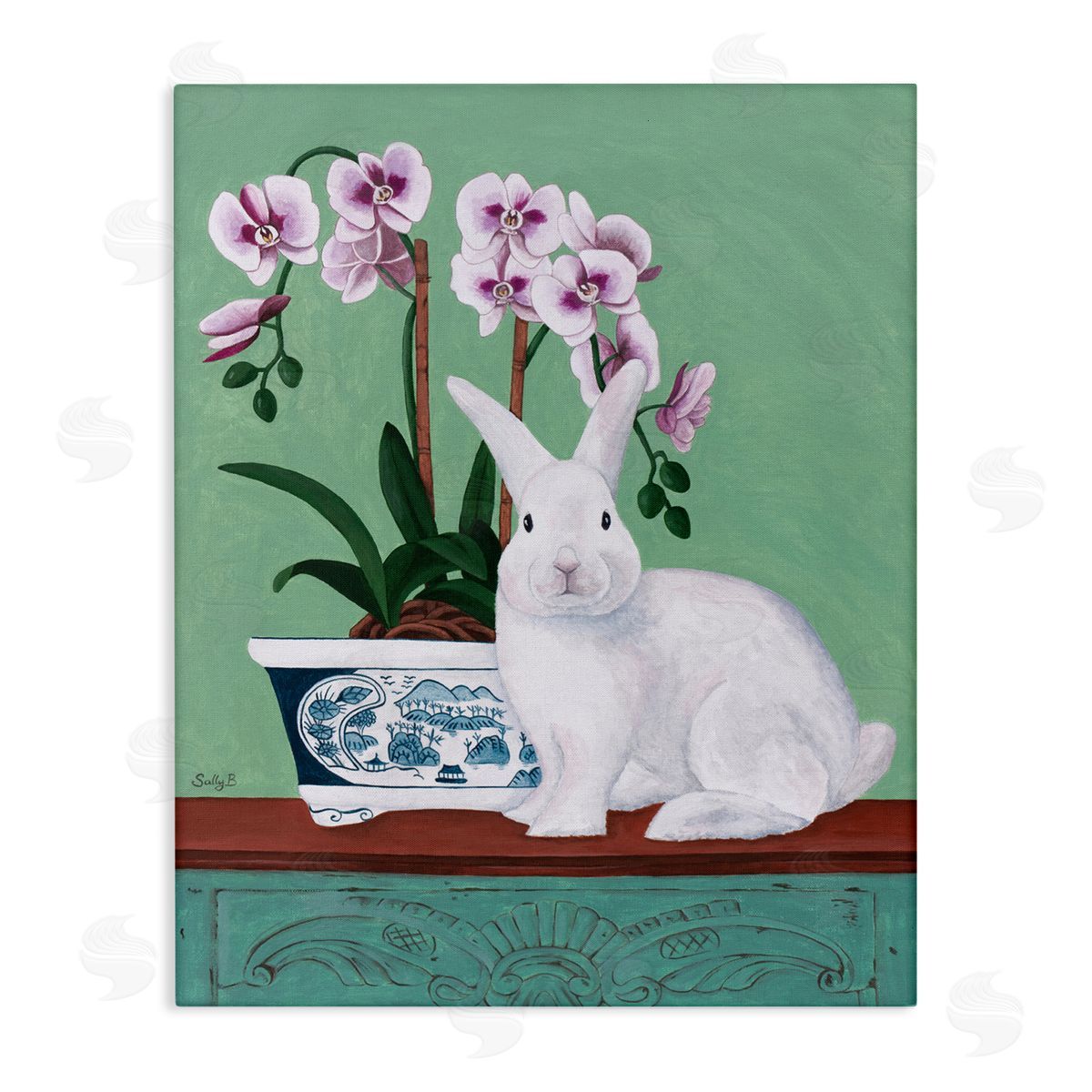 Rabbit and Flowers Pink Green Canvas Wall Art, Home Decor by Sally B