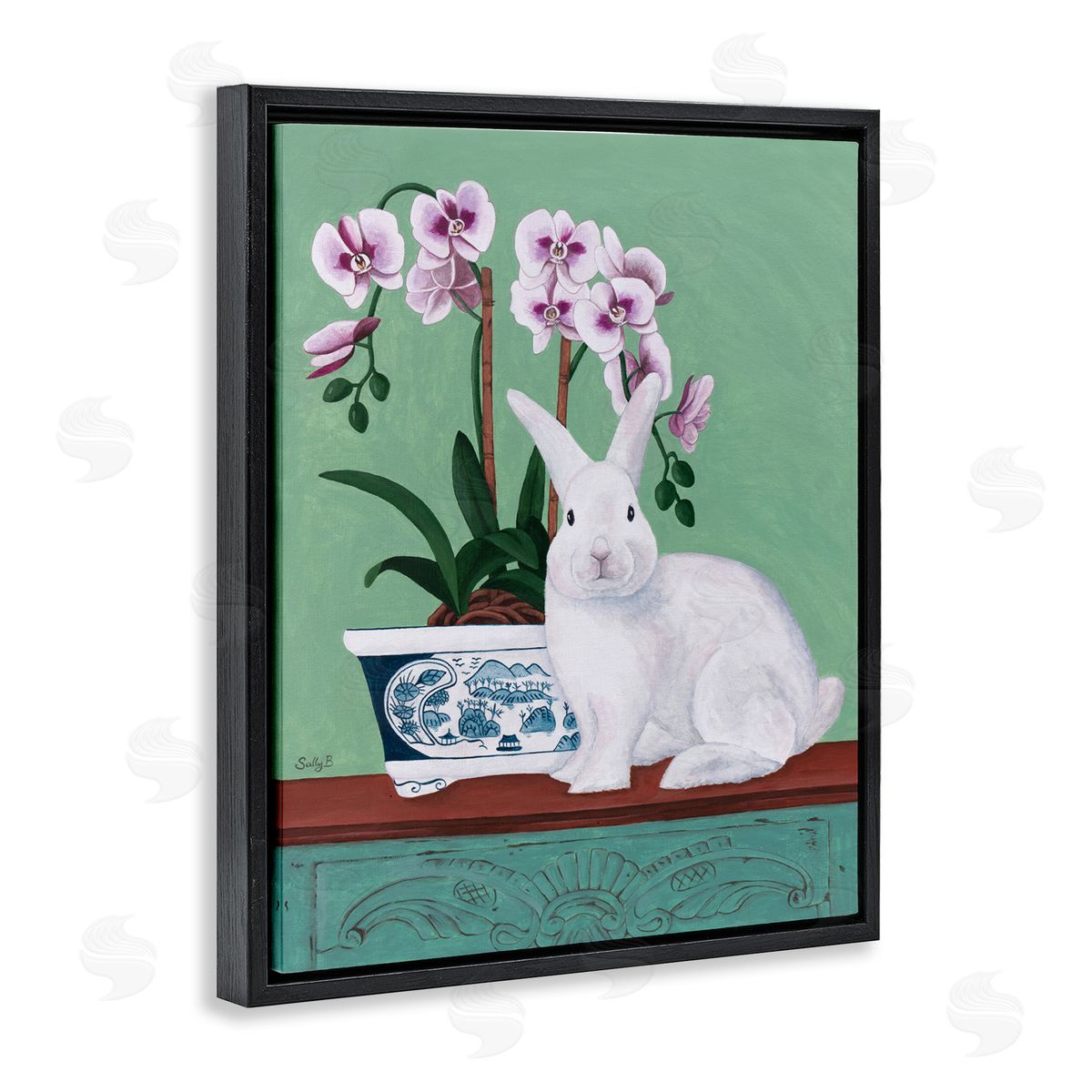 Rabbit and Flowers Pink Green Black Floating Frame Canvas Wall Art, Home Decor by Sally B